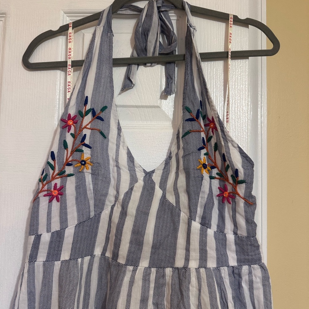 Striped Halter Dress with Floral Embroidery